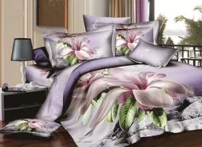 100% Cotton Lilac Magnolia 3D Printed Luxury 4-Piece Duvet Cover Sets