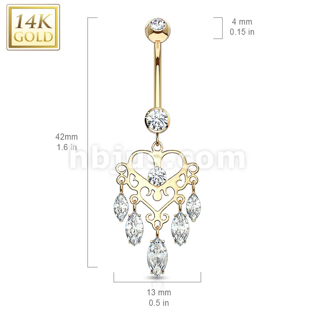 14K Chandelier Heart CZ Dangle Marquise Solid Gold Belly Ring - PRE-ORDER