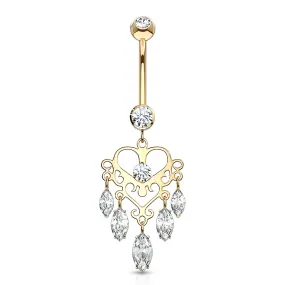 14K Chandelier Heart CZ Dangle Marquise Solid Gold Belly Ring - PRE-ORDER