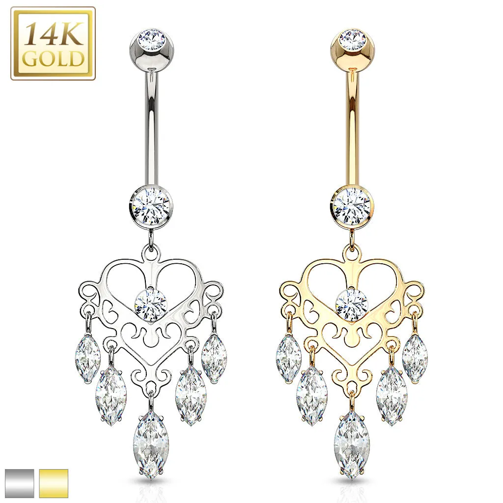 14K Chandelier Heart CZ Dangle Marquise Solid Gold Belly Ring - PRE-ORDER