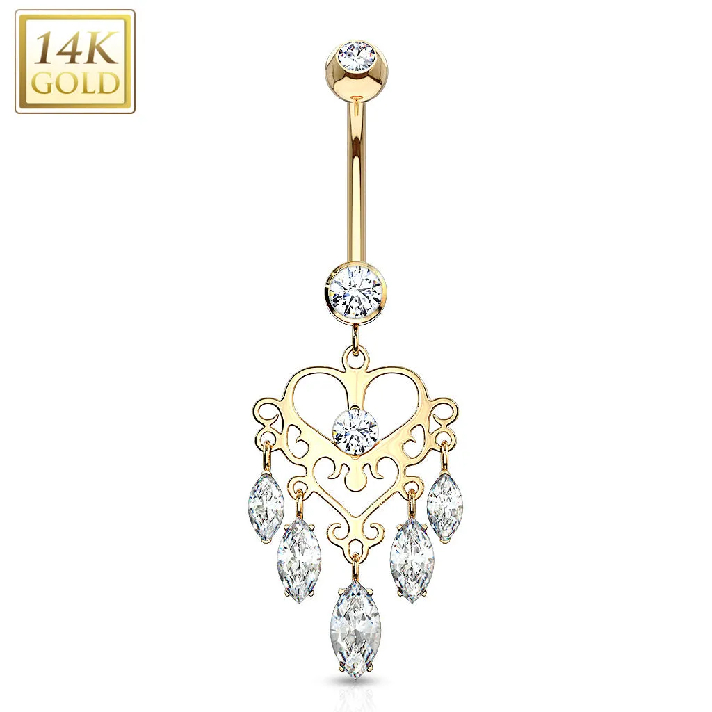 14K Chandelier Heart CZ Dangle Marquise Solid Gold Belly Ring - PRE-ORDER