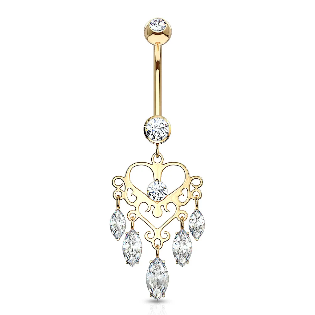 14K Chandelier Heart CZ Dangle Marquise Solid Gold Belly Ring - PRE-ORDER