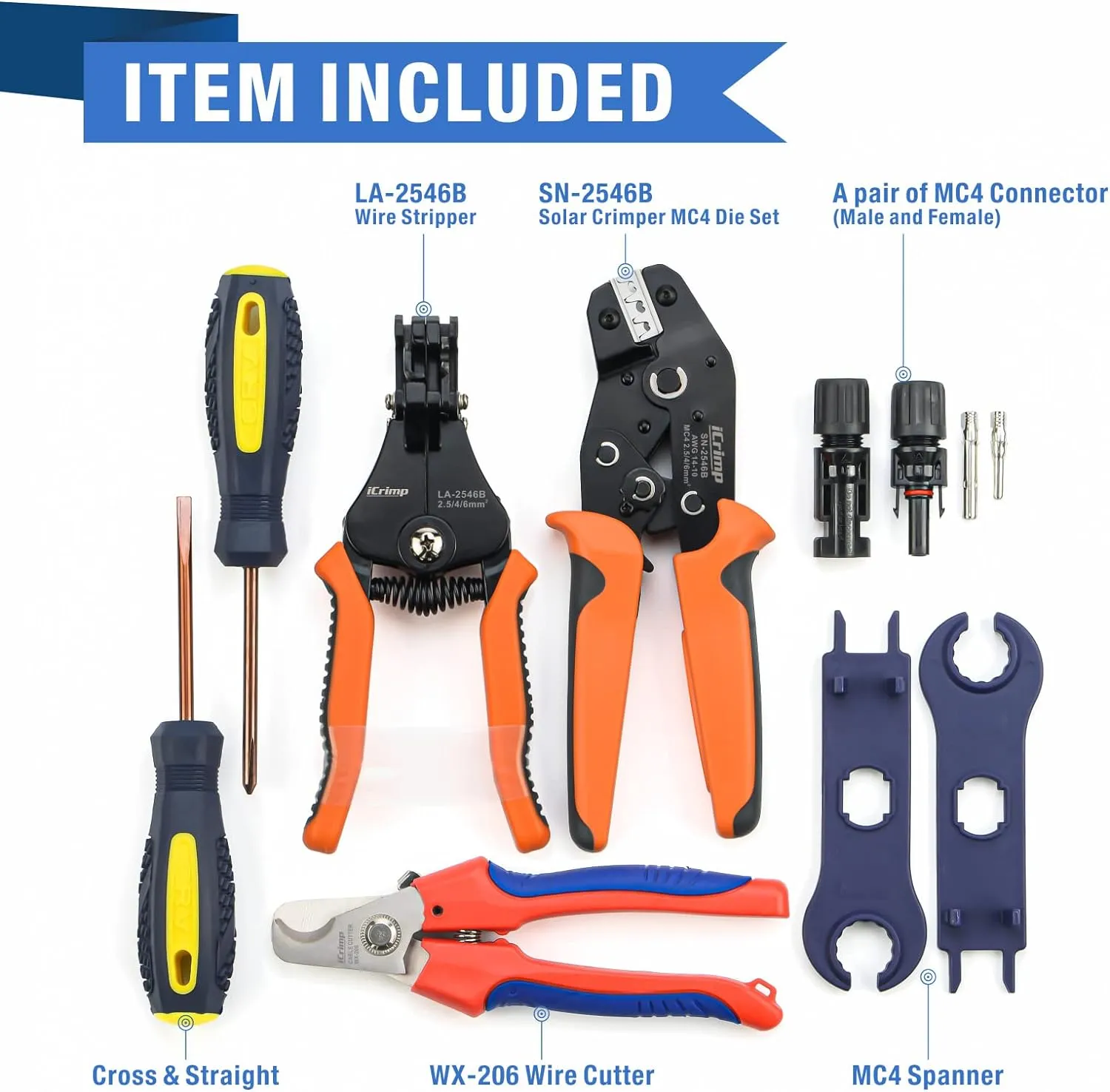 2.5/4/6mm² Solar PV Cable Crimping Tool Kit with Wire Stripper, Wire Cutter, Solar Spanner and Connectors