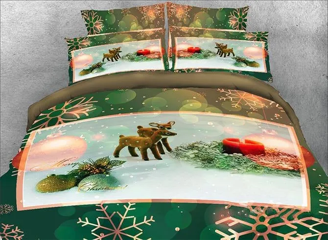 3D Christmas Ornaments and Snowflake Printed Luxury 4-Piece Green Bedding Sets/Duvet Covers