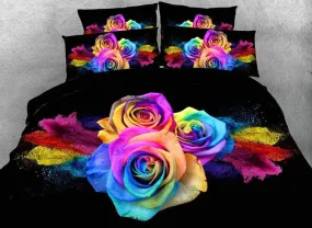 3D Colorful Roses Printed Black Cotton 4-Piece Bedding Sets With Duvet Cover