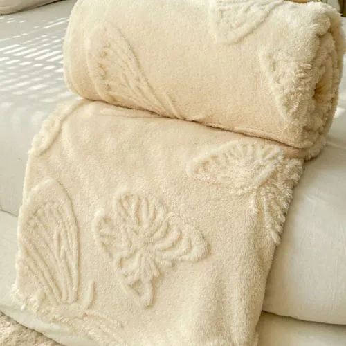 3D Imitation Butterfly Fleece Soft Blanket, Ivory color.