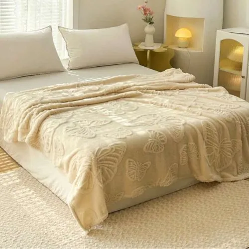 3D Imitation Butterfly Fleece Soft Blanket, Ivory color.