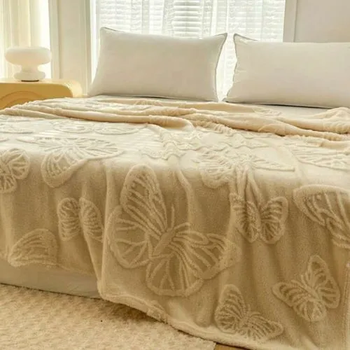 3D Imitation Butterfly Fleece Soft Blanket, Ivory color.