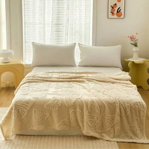 3D Imitation Butterfly Fleece Soft Blanket, Ivory color.