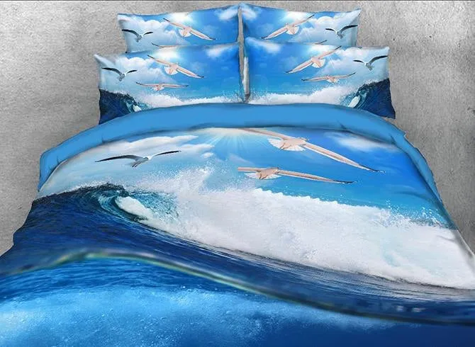 3D Rolling Ocean Waves and Seagulls Printed Luxury 4-Piece Bedding Sets/Duvet Covers