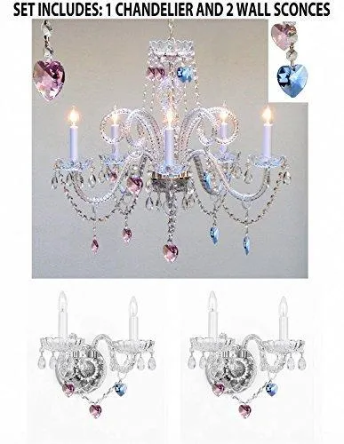 3Pc Lighting Set - Crystal Chandelier And 2 Wall Sconces W/ Blue And Pink Crystal Hearts - 1Ea-B85/B21/387/5   2Ea-B85/B21/2/386