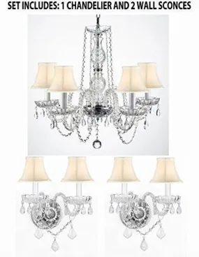 3Pc Lighting Set - New Authentic All Crystal Murano Venetian Style Empress Crystal Chandelier And 2 Wall Sconces With White Shades - 1Ea Sc/384/5   2Ea 2/386Whiteshades