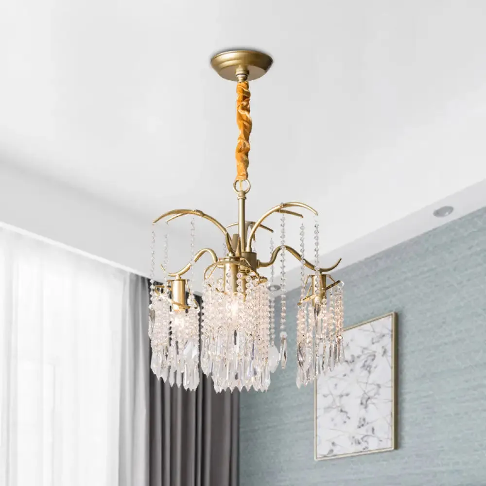 4-Bulb Gold Chandelier with Modern Windbell Crystal Beads