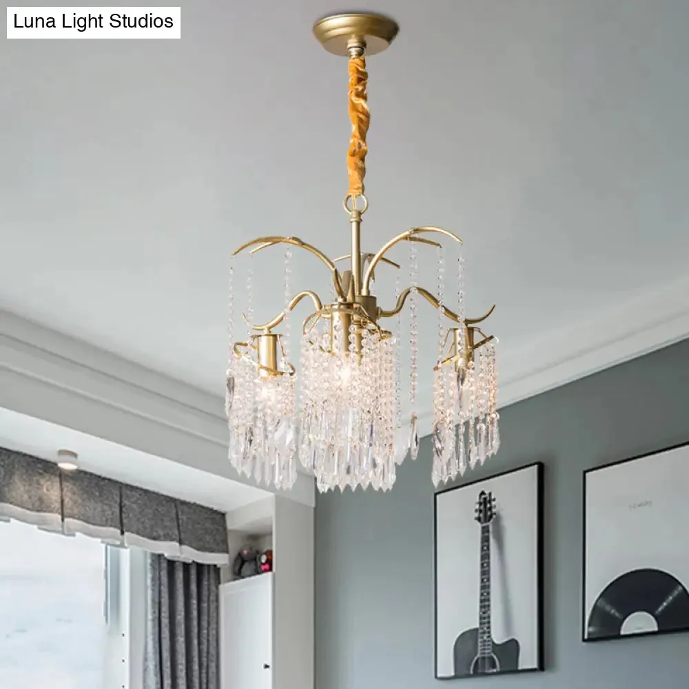 4-Bulb Gold Chandelier with Modern Windbell Crystal Beads