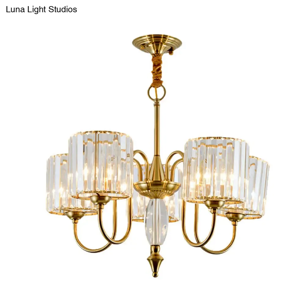 5-Bulb Gold Modern Pendulum Chandelier with Crystal Block Drum Shade - Perfect for Dining Room Ceiling Lighting