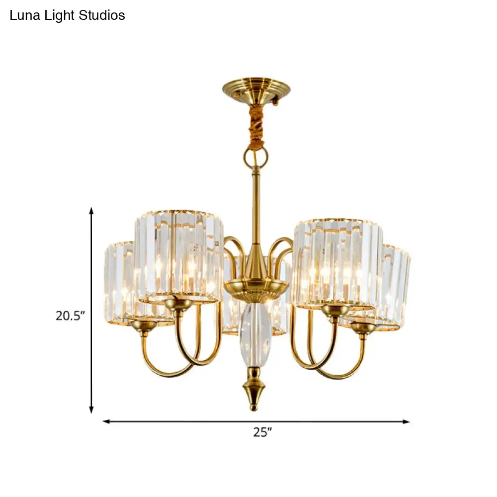 5-Bulb Gold Modern Pendulum Chandelier with Crystal Block Drum Shade - Perfect for Dining Room Ceiling Lighting