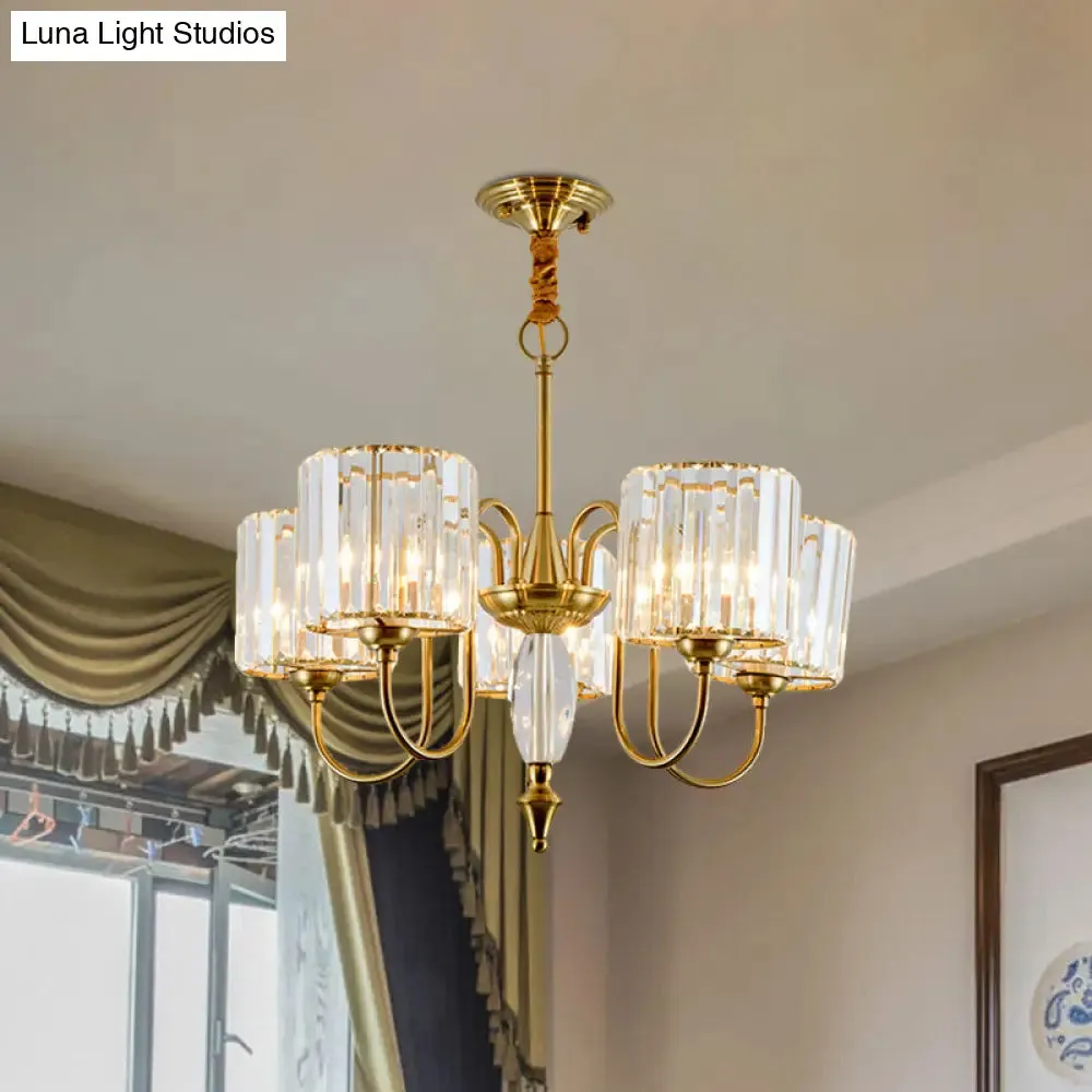 5-Bulb Gold Modern Pendulum Chandelier with Crystal Block Drum Shade - Perfect for Dining Room Ceiling Lighting