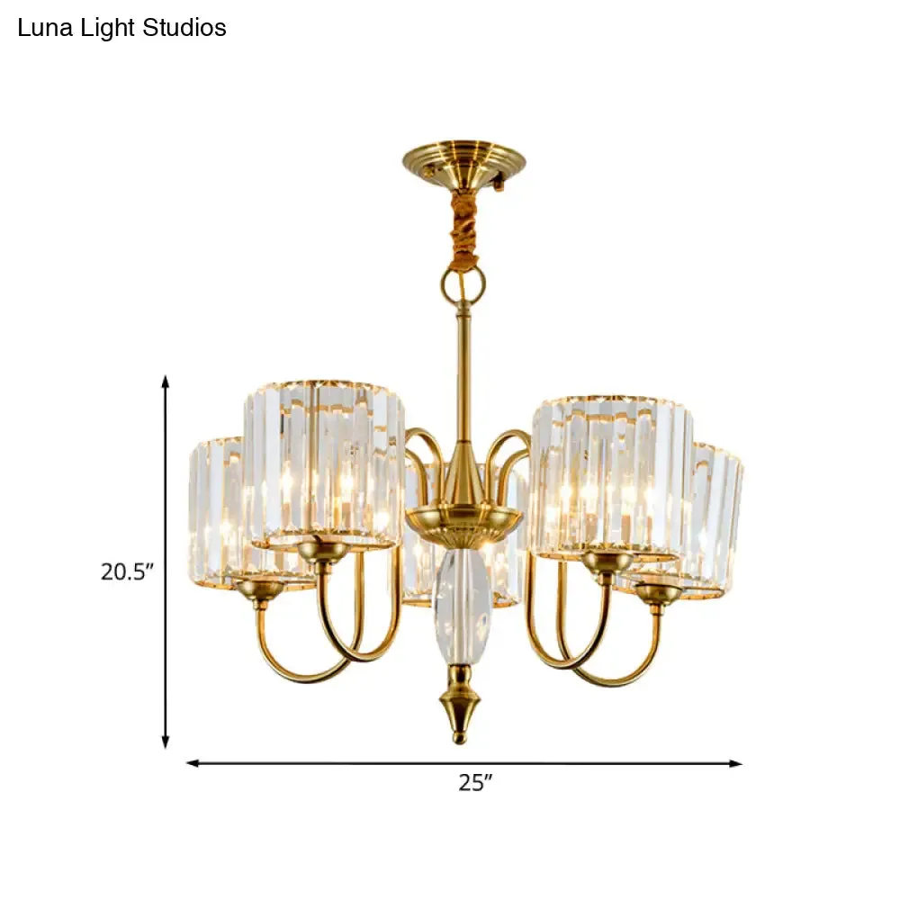 5-Bulb Gold Modern Pendulum Chandelier with Crystal Block Drum Shade - Perfect for Dining Room Ceiling Lighting