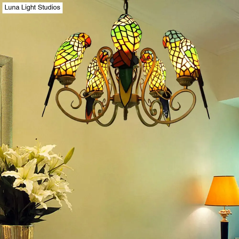 5-Light Parrots Tiffany Style Chandelier for Living Room with Mosaic Shade