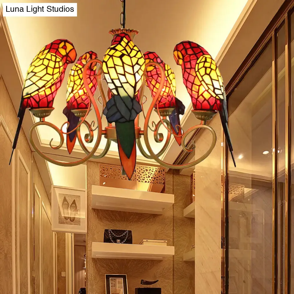 5-Light Parrots Tiffany Style Chandelier for Living Room with Mosaic Shade