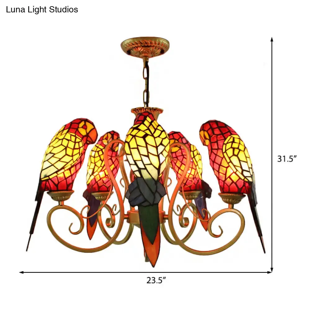 5-Light Parrots Tiffany Style Chandelier for Living Room with Mosaic Shade