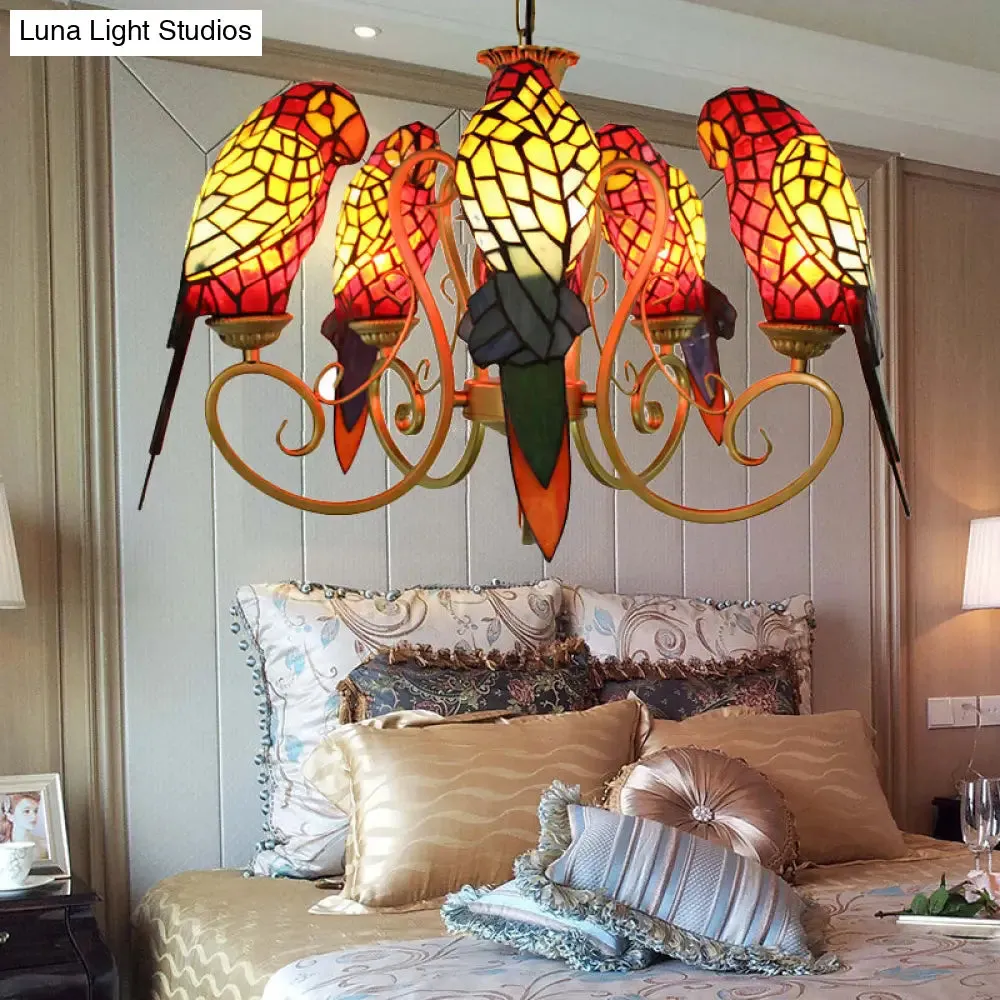 5-Light Parrots Tiffany Style Chandelier for Living Room with Mosaic Shade