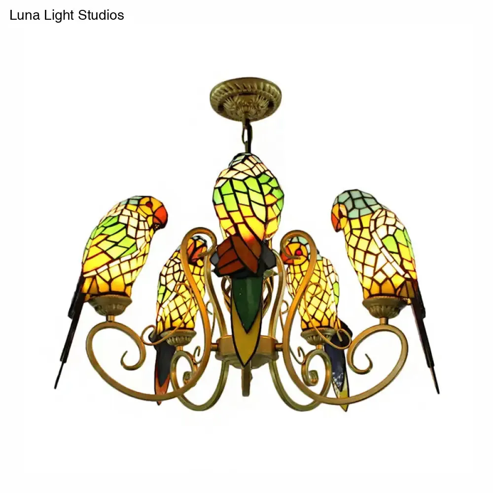 5-Light Parrots Tiffany Style Chandelier for Living Room with Mosaic Shade