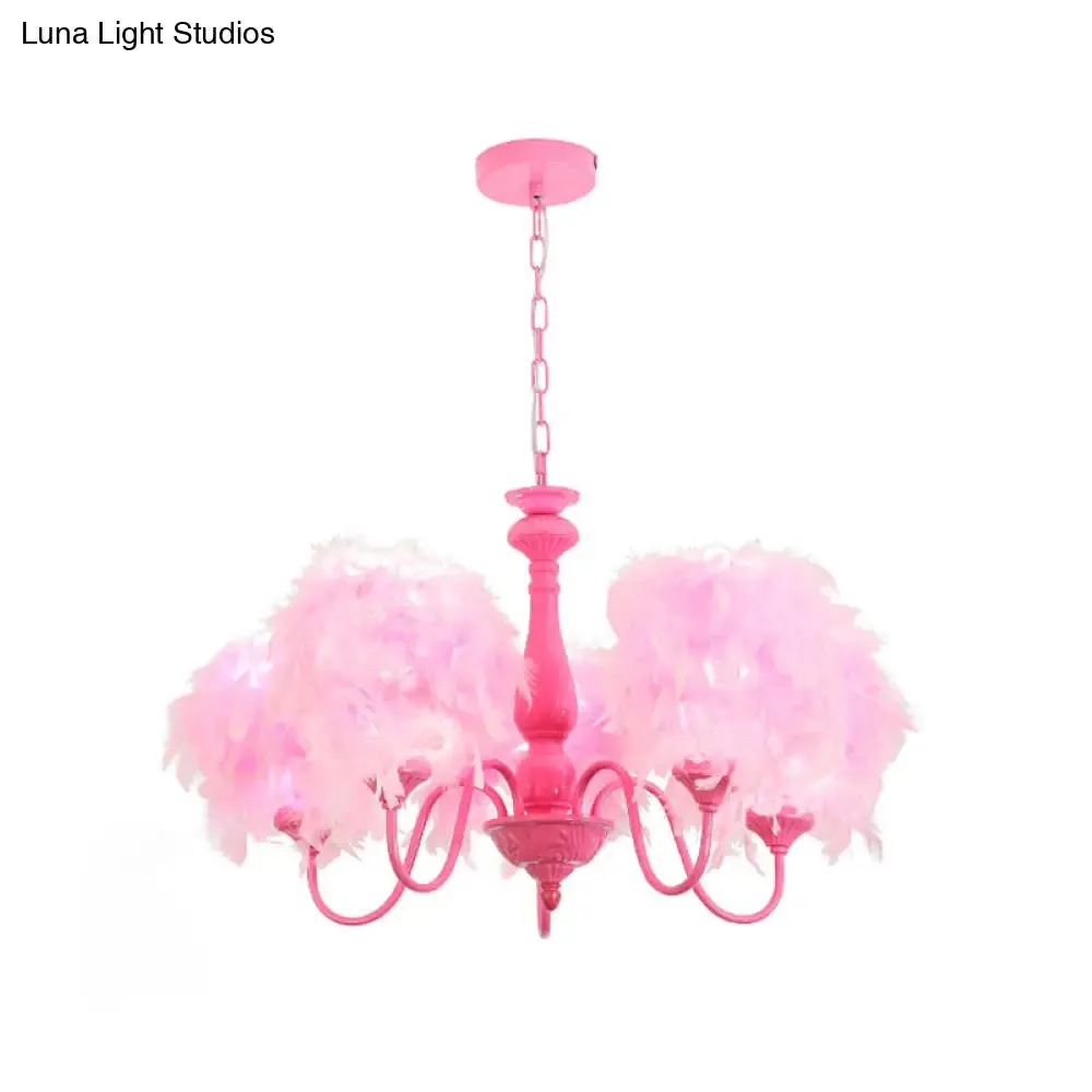 5-Light Pink Curvy Arm Chandelier Lamp with Feather Shade - Kids Metal Suspension Lighting