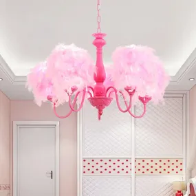 5-Light Pink Curvy Arm Chandelier Lamp with Feather Shade - Kids Metal Suspension Lighting