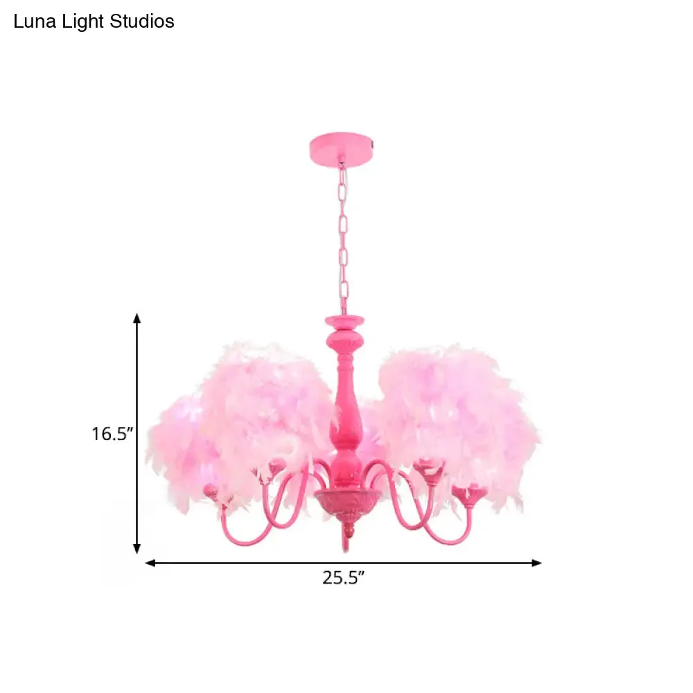 5-Light Pink Curvy Arm Chandelier Lamp with Feather Shade - Kids Metal Suspension Lighting