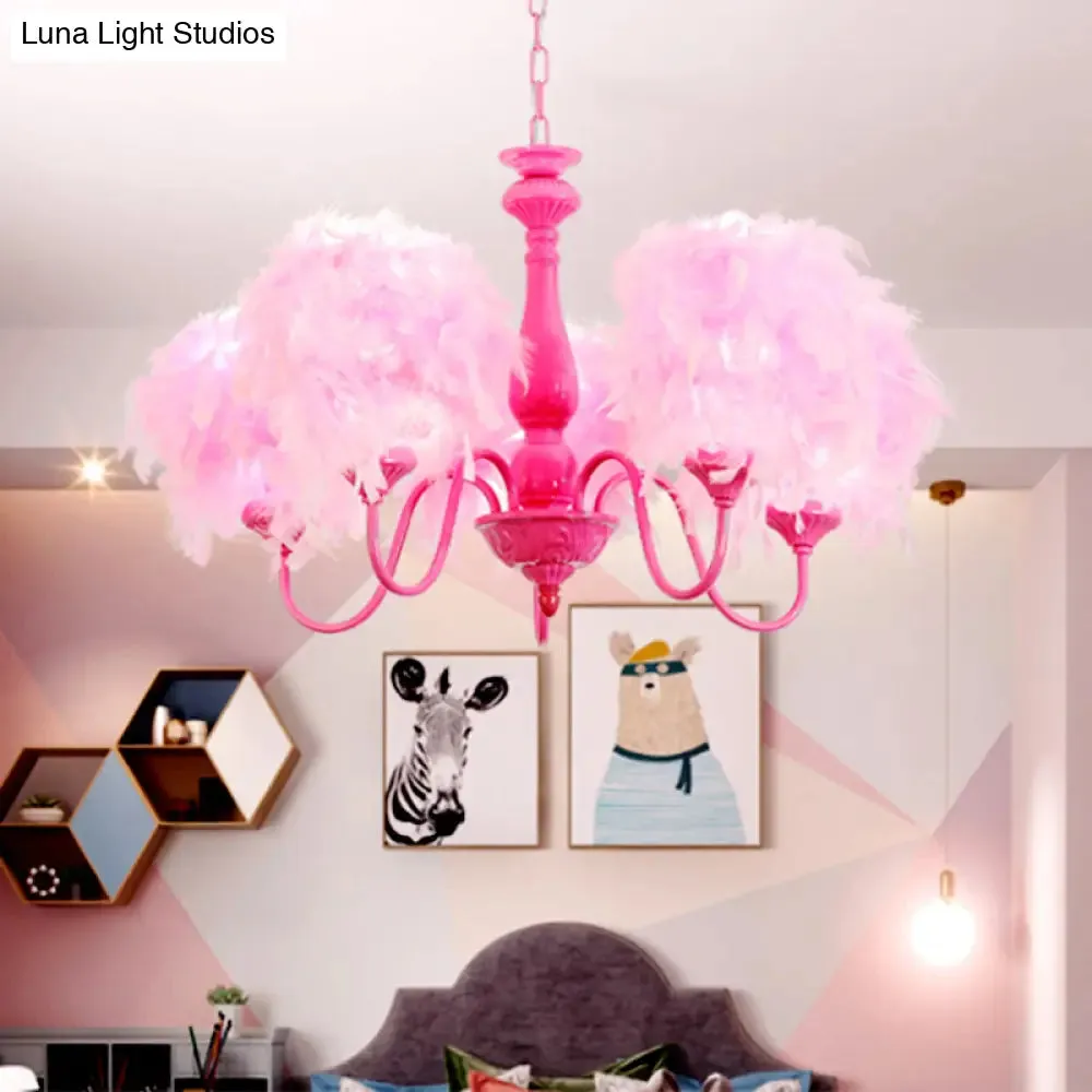 5-Light Pink Curvy Arm Chandelier Lamp with Feather Shade - Kids Metal Suspension Lighting