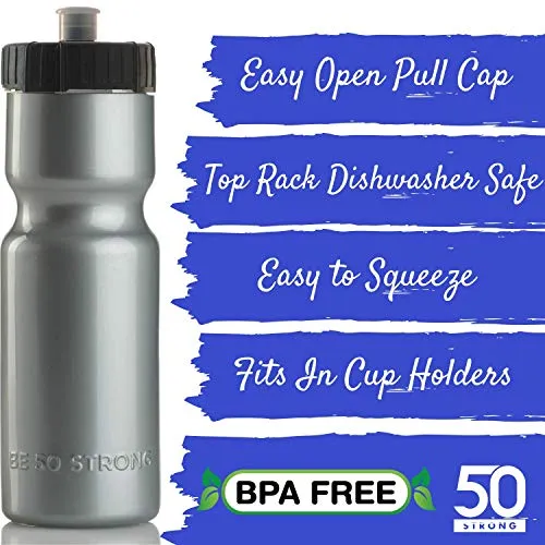 50 Strong Bike Bottle Holder with Water Bottle - 2 Pack - 22 oz. BPA Free Bicycle Squeeze Bottle and Durable Plastic Holder Cage- Made in USA (Silver)