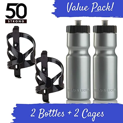 50 Strong Bike Bottle Holder with Water Bottle - 2 Pack - 22 oz. BPA Free Bicycle Squeeze Bottle and Durable Plastic Holder Cage- Made in USA (Silver)