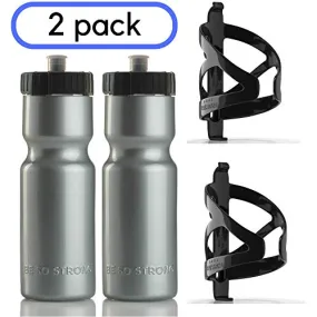 50 Strong Bike Bottle Holder with Water Bottle - 2 Pack - 22 oz. BPA Free Bicycle Squeeze Bottle and Durable Plastic Holder Cage- Made in USA (Silver)