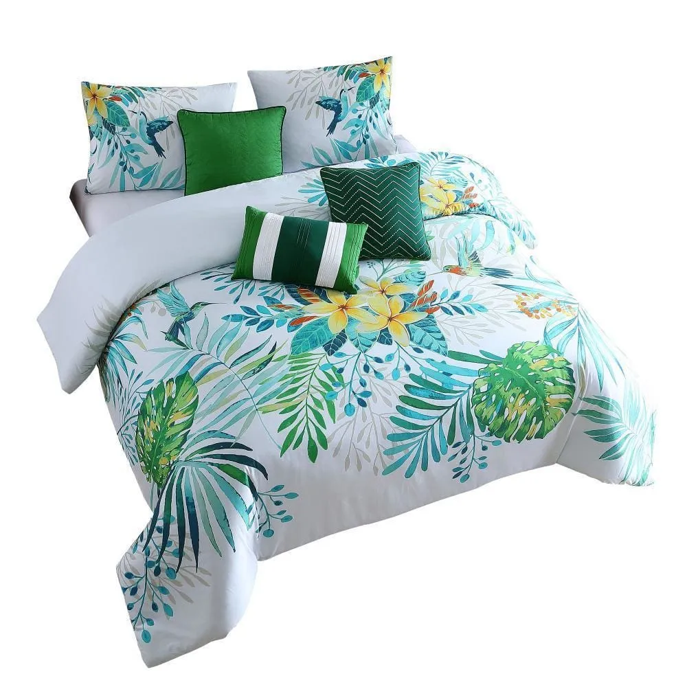 7 Piece Queen Comforter Set with Printed Tropical Leaves, Green By Casagear Home