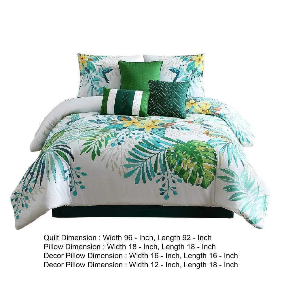 7 Piece Queen Comforter Set with Printed Tropical Leaves, Green By Casagear Home