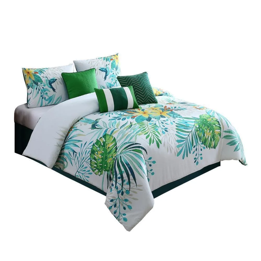 7 Piece Queen Comforter Set with Printed Tropical Leaves, Green By Casagear Home