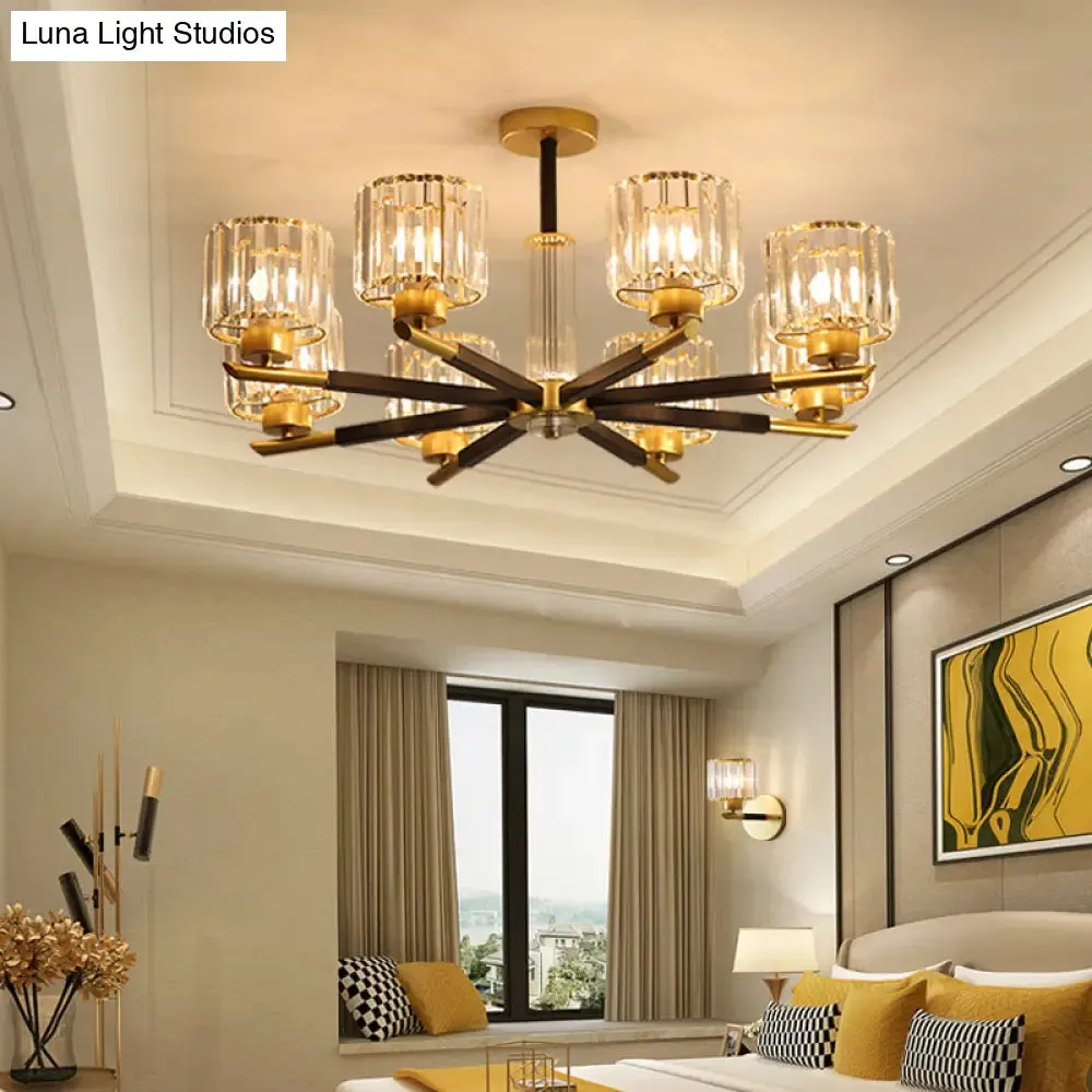 8-Light Simple Style Black and Gold Bedroom Chandelier with Crystal Rod and Shade