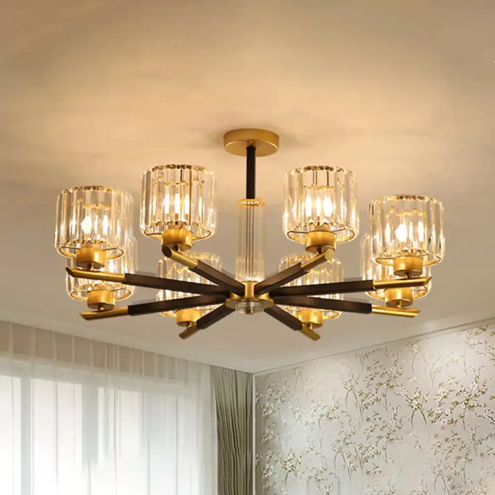 8-Light Simple Style Black and Gold Bedroom Chandelier with Crystal Rod and Shade