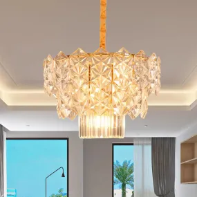 9-Head Crystal Flute Chandelier: Modern Gold Drum Pendant Light for Dining Room