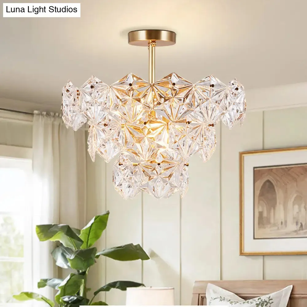 9 Head Traditional Gold Glass Chandelier with Tapered Hexagon Suspension Light