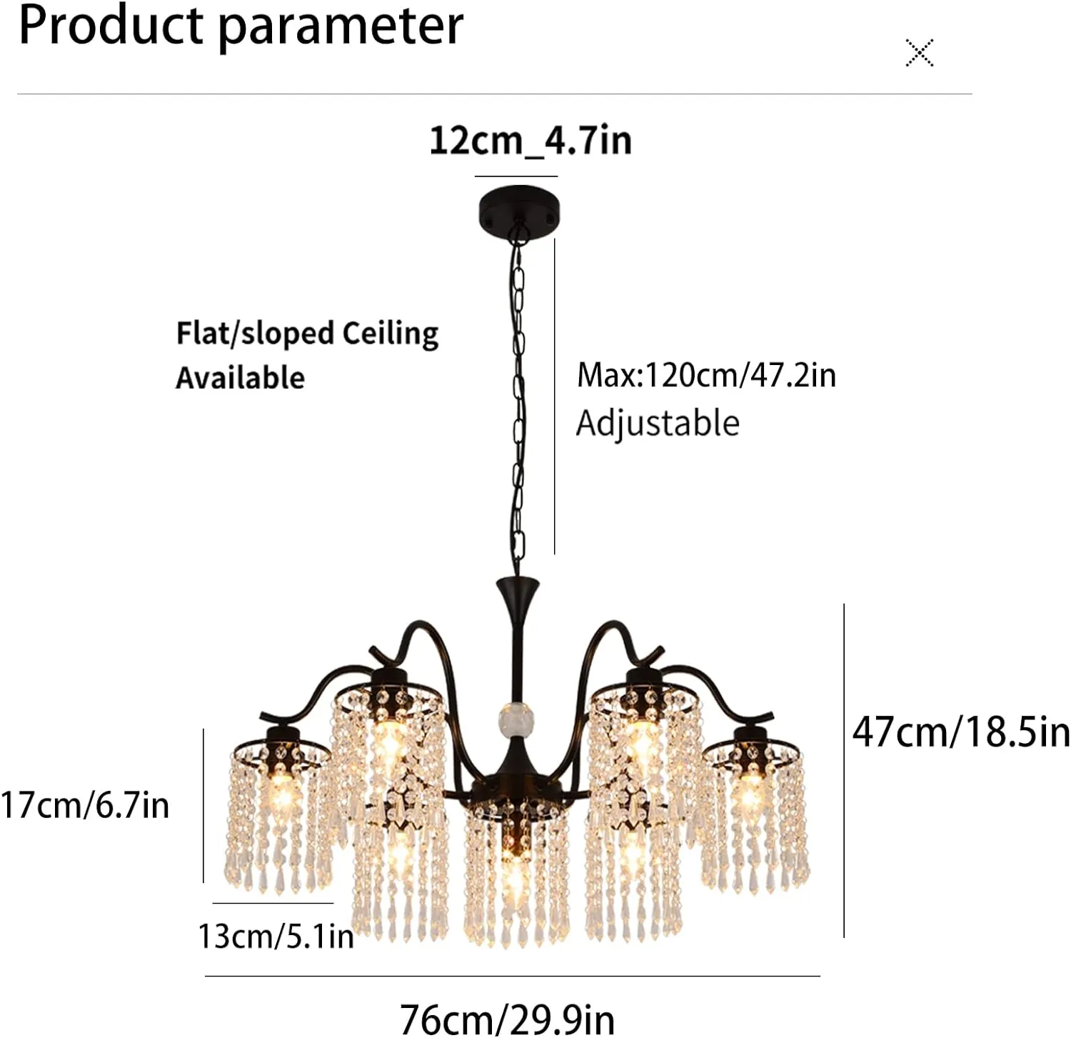 Adjustable Black Crystal Chandelier, 76CM, Dimmable