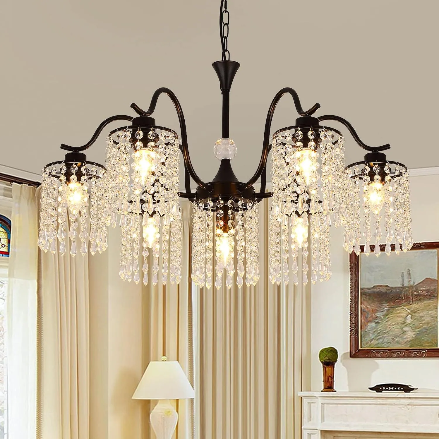 Adjustable Black Crystal Chandelier, 76CM, Dimmable