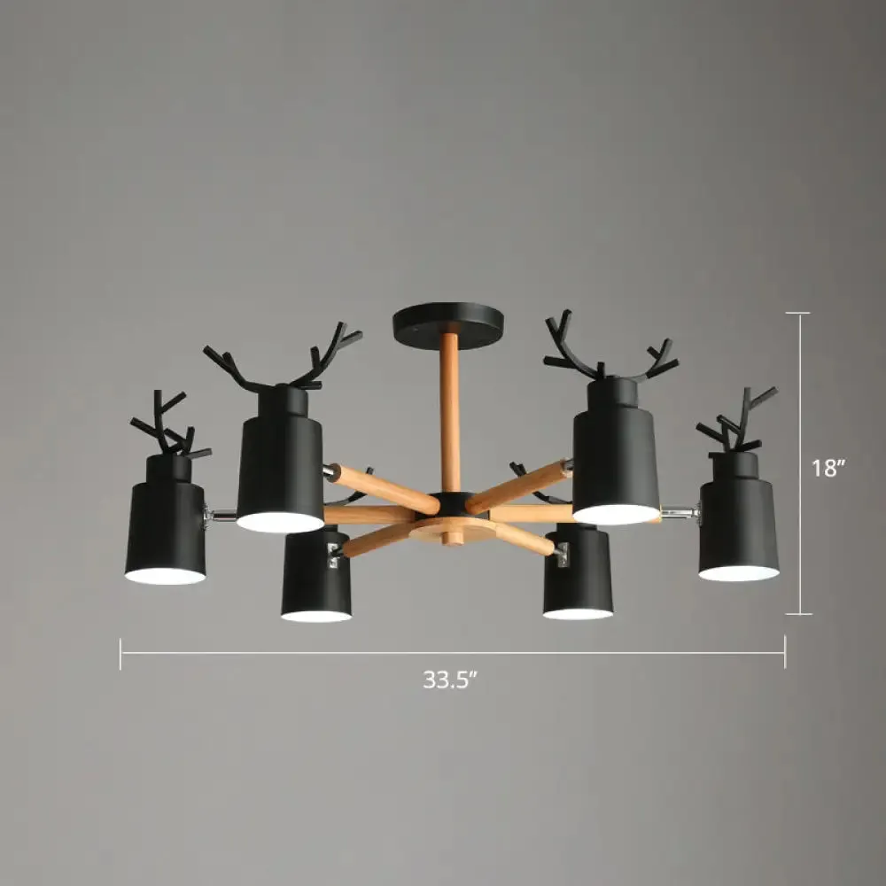 Adjustable Nordic Chandelier Light with Metal Antler Design, Cylindrical Shade, and Wooden Arm