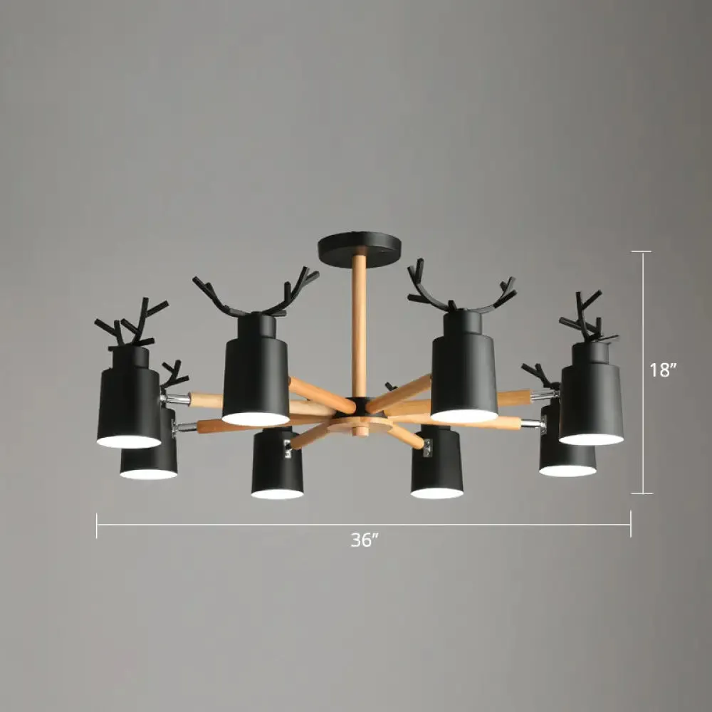 Adjustable Nordic Chandelier Light with Metal Antler Design, Cylindrical Shade, and Wooden Arm