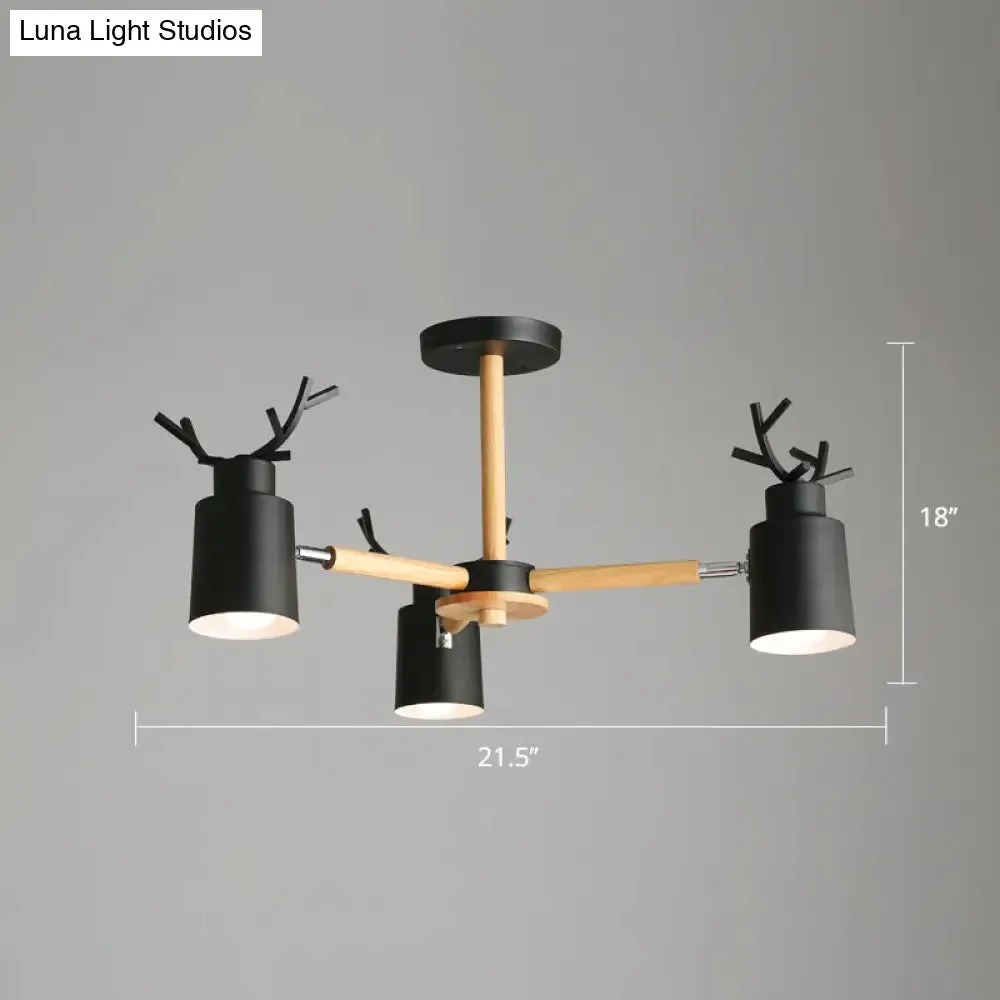 Adjustable Nordic Chandelier Light with Metal Antler Design, Cylindrical Shade, and Wooden Arm