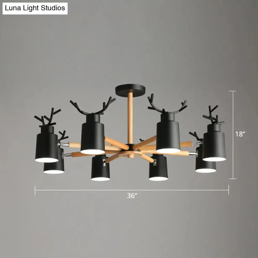 Adjustable Nordic Chandelier Light with Metal Antler Design, Cylindrical Shade, and Wooden Arm