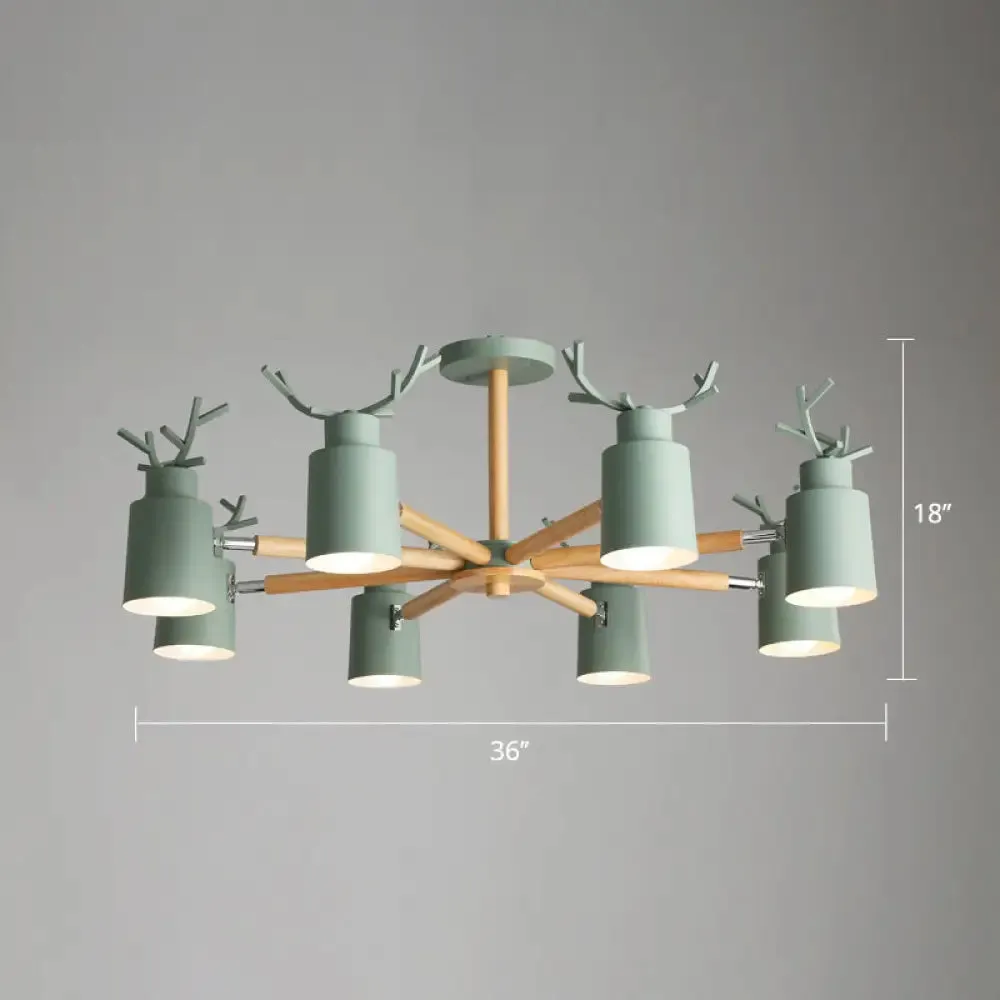 Adjustable Nordic Chandelier Light with Metal Antler Design, Cylindrical Shade, and Wooden Arm