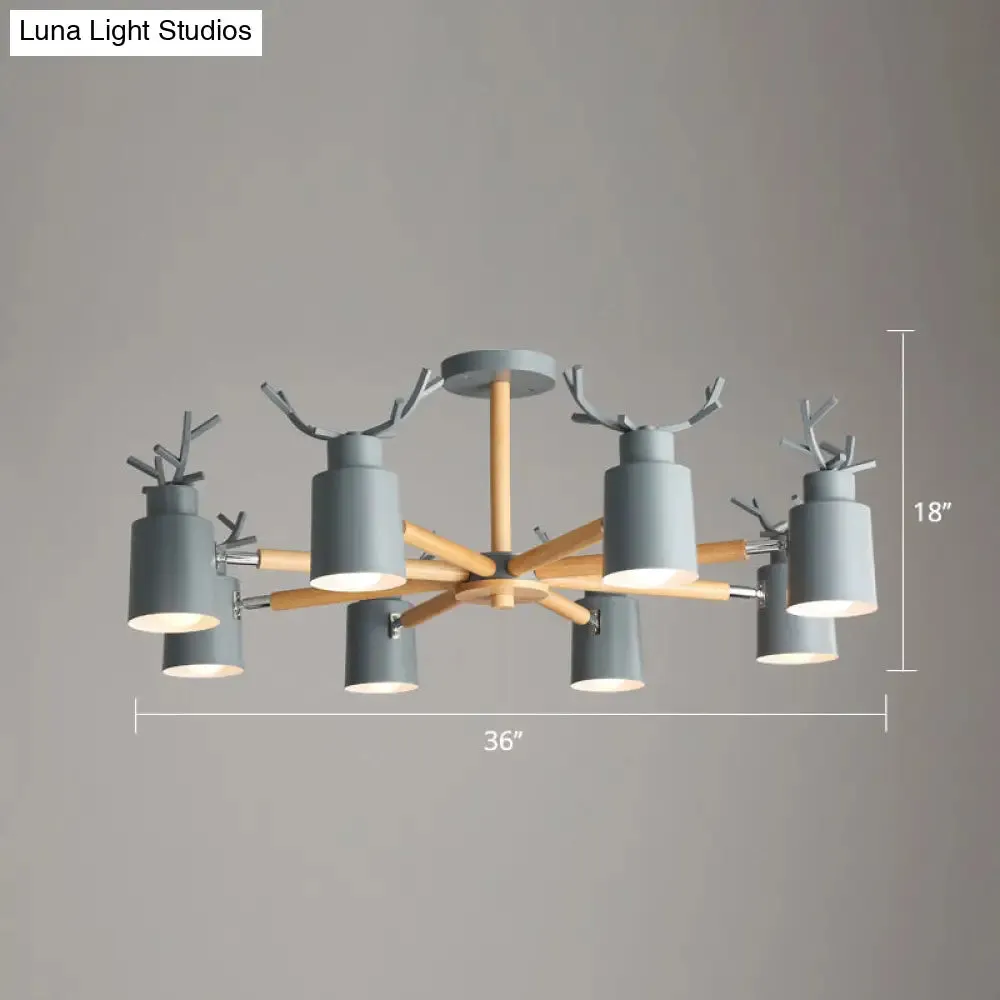 Adjustable Nordic Chandelier Light with Metal Antler Design, Cylindrical Shade, and Wooden Arm