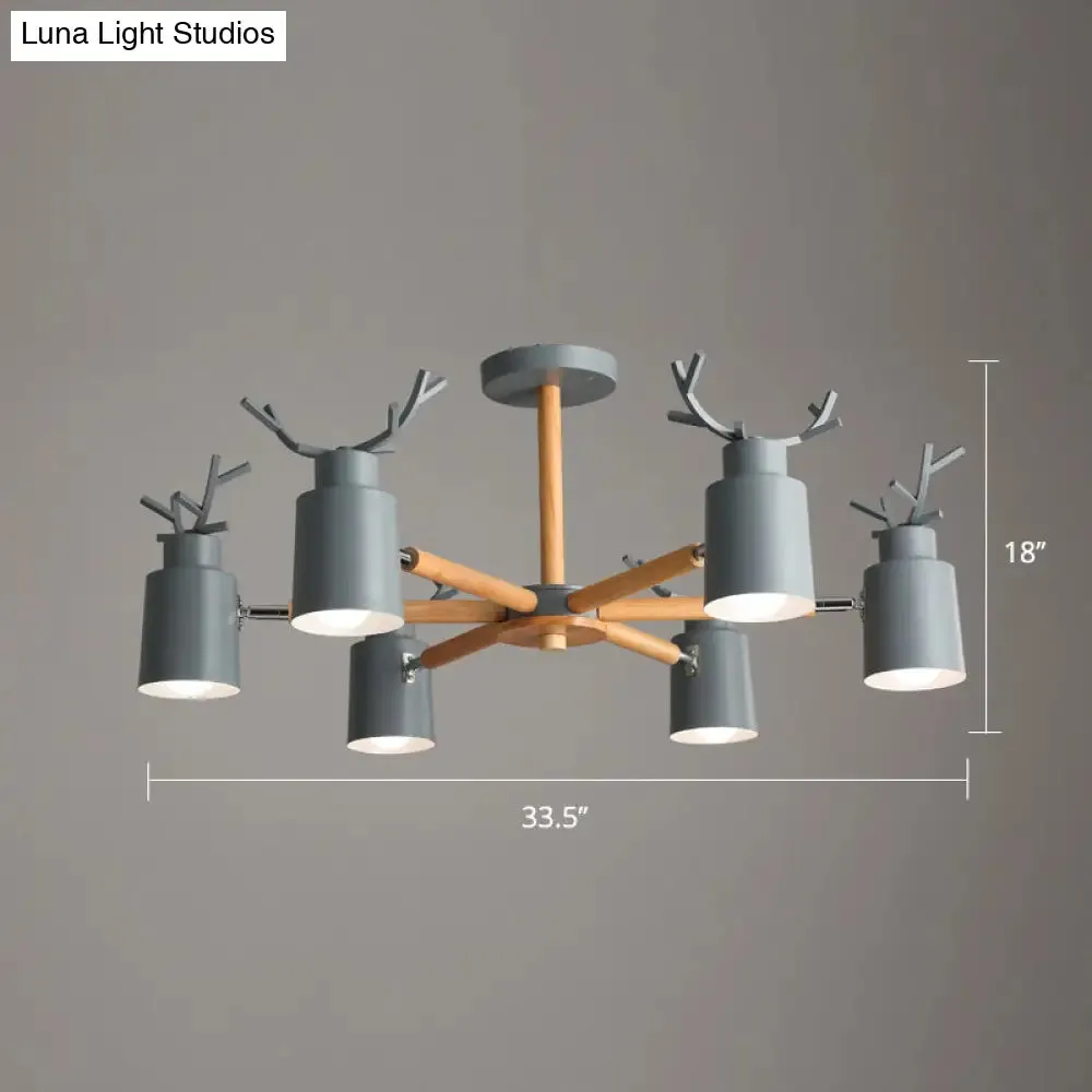 Adjustable Nordic Chandelier Light with Metal Antler Design, Cylindrical Shade, and Wooden Arm